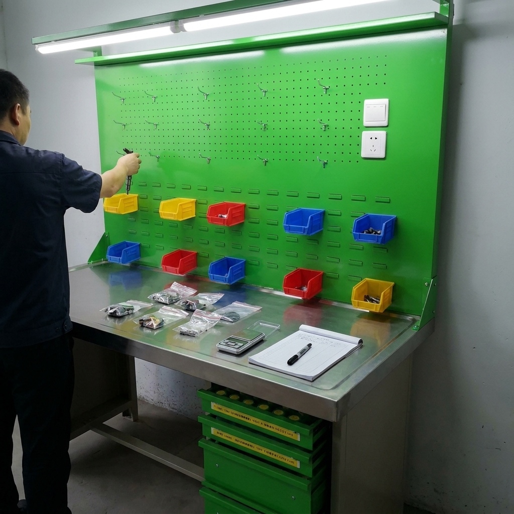 GT-F workshop work bench parts bin organization
