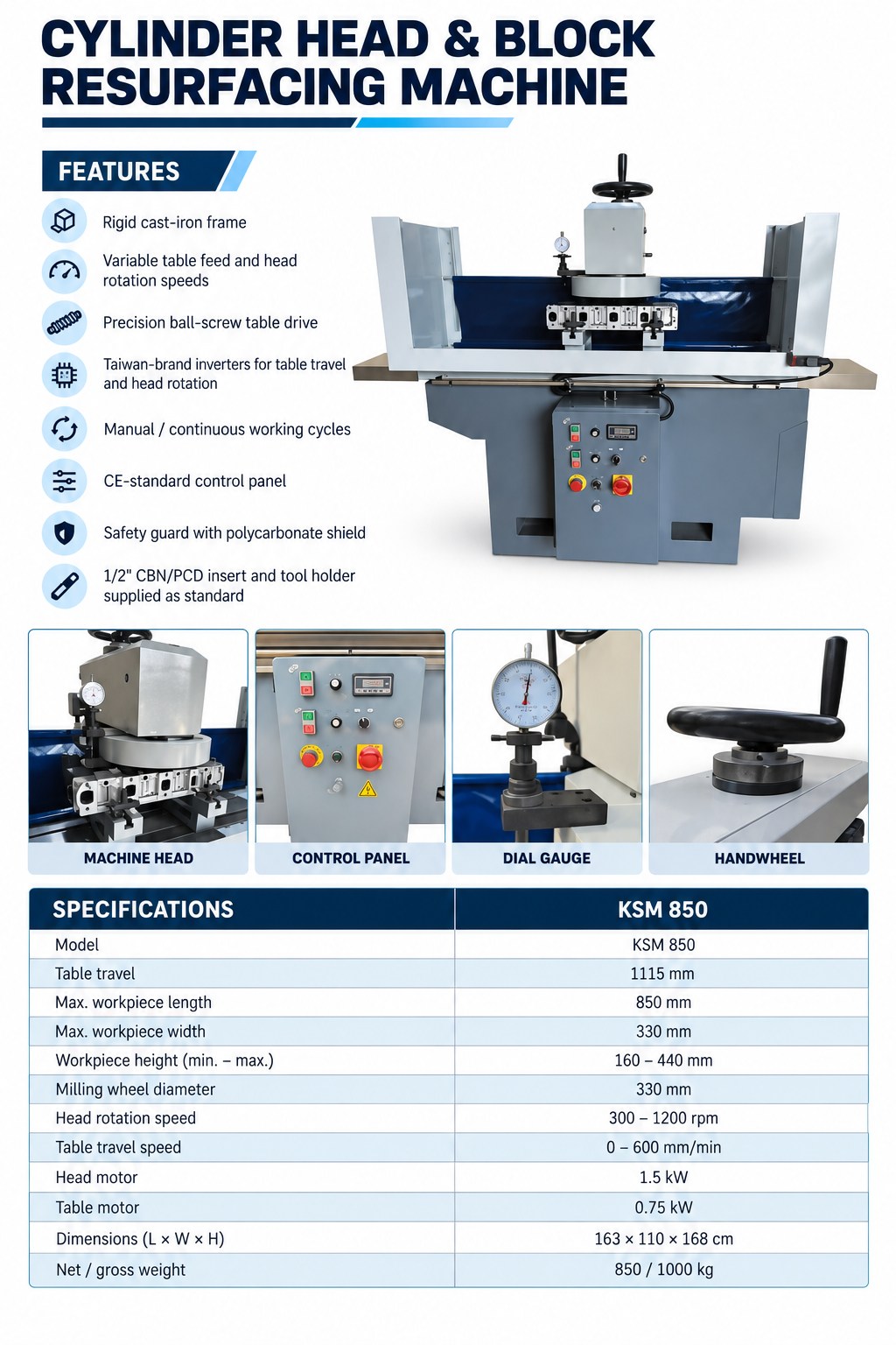 Cylinder head resurfacing machine features and specifications