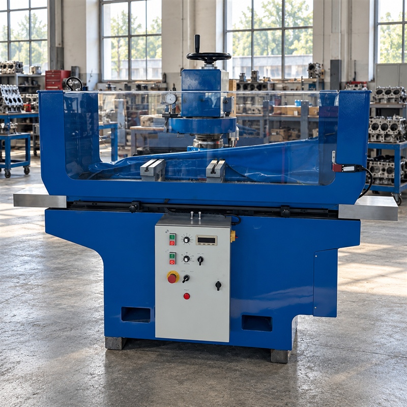 Cylinder head resurfacing machine working on a cylinder head